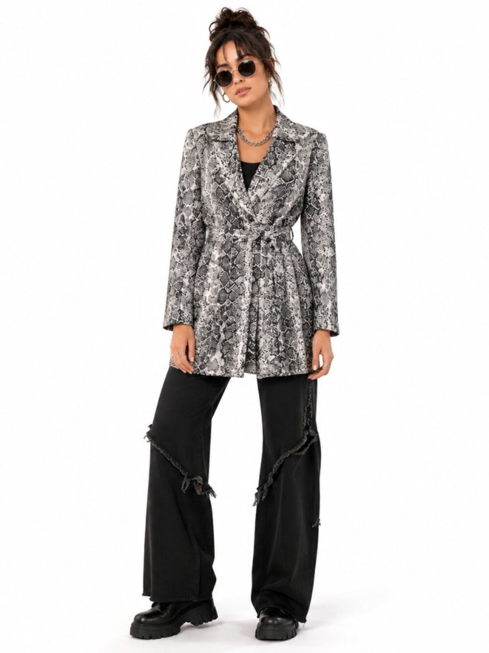 Peter Nygard Trench Coat Dress Womens‎ 10 Black White Snake Print Belted Career